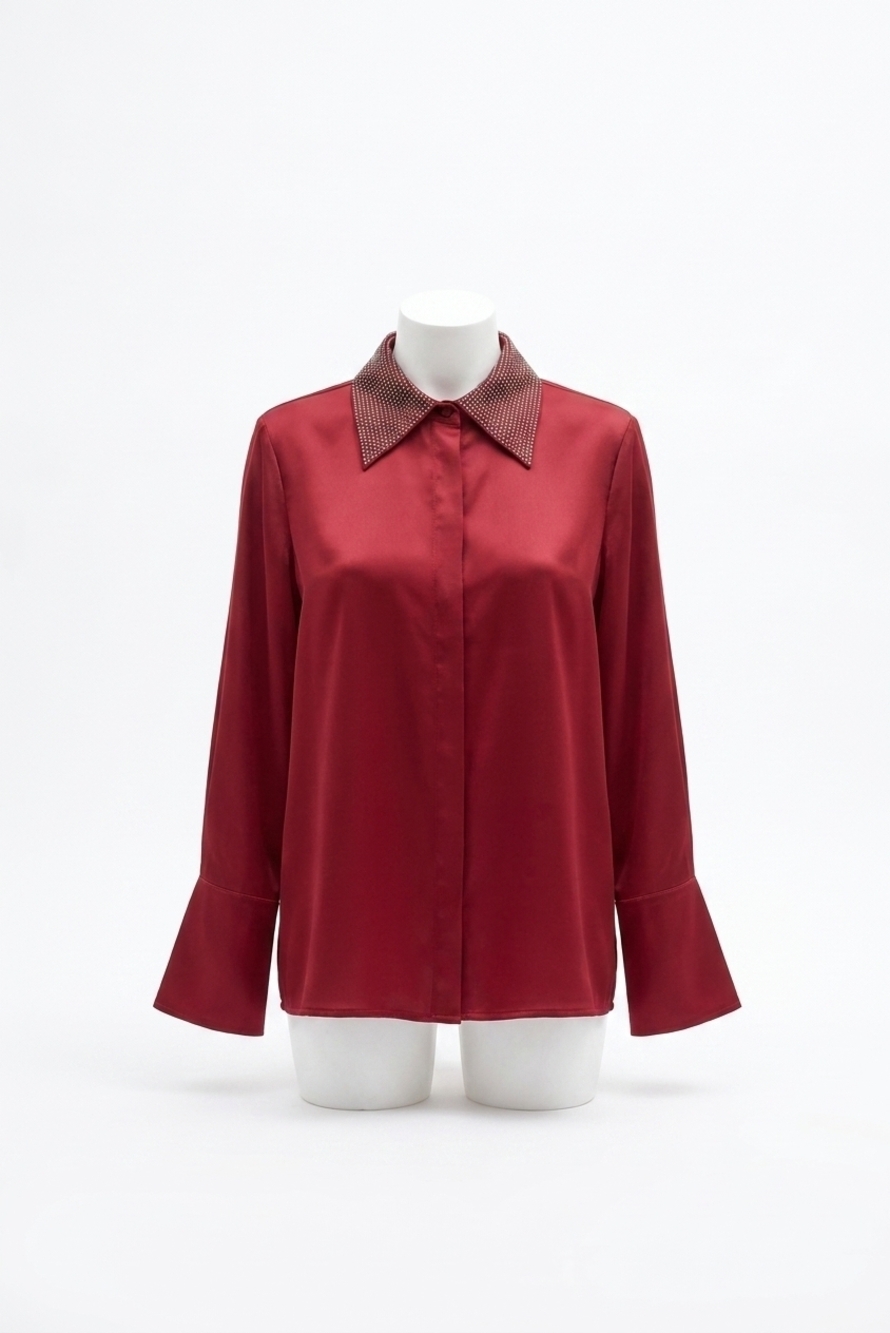 NEW JOSEPH RIBKOFF collared front-button long sleeve top in deep cherry